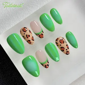 Lime Leopard Handmade Press-On Nails | Short Almond Shape, 10pcs | Lime Gradient Mint Green Base with Contrast Leopard French Tips | Retro Cool Summer Aesthetic | Daily Styling Wear, Reusable False Nails