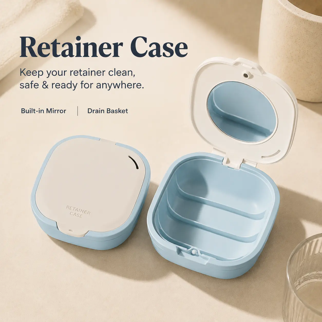 Minimalist Compact Square ABS Retainer Case with Mirror, Drain Tray, Waterproof Lid - Neat Freak On-the-Go Organization Features Storage Box for Self-Care Travel & Home Use