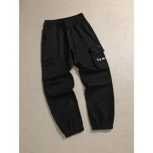 Men's Black Letter Print Cargo Joggers Loose Fit Elastic Waist Streetwear Pants, Y2K Techwear Style, Baggy Athletic Trousers, Viral Mens Fashion, Urban Utility Wear, Oversized Fit, Casual Everyday Outfit, Trending Street Style 2026 Alphabet Sweatpants