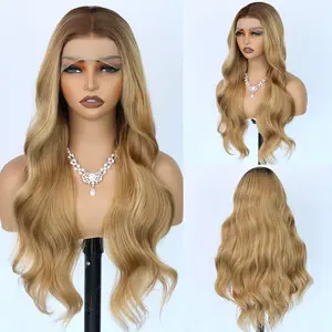 Aodbar hairs Ombre Blonde Long Wavy Wig Heat Resistant Fiber Hair Glueless 13*3 Transparent Lace Wig Pre Plucked Natural Hairline Rooted Blonde Long Loose Wavy Wig for Daily Use