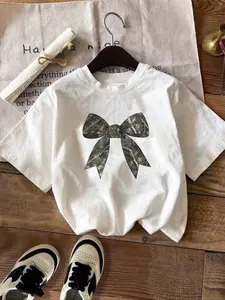 Women's  Bow Print Round Neck Tee, Casual Short Sleeve T-shirt for Daily Wear, Ladies Clothes for All Seasons, Tops