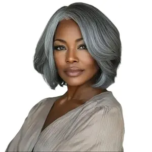 The lady is wearing a mixture of grey wig, short salt color and black wig, with a straight grey part and white wig, 12 inches long, a natural-looking wig for an elderly woman. She is wearing a synthetic wig in gray and white. melting  spray  lace hair  to