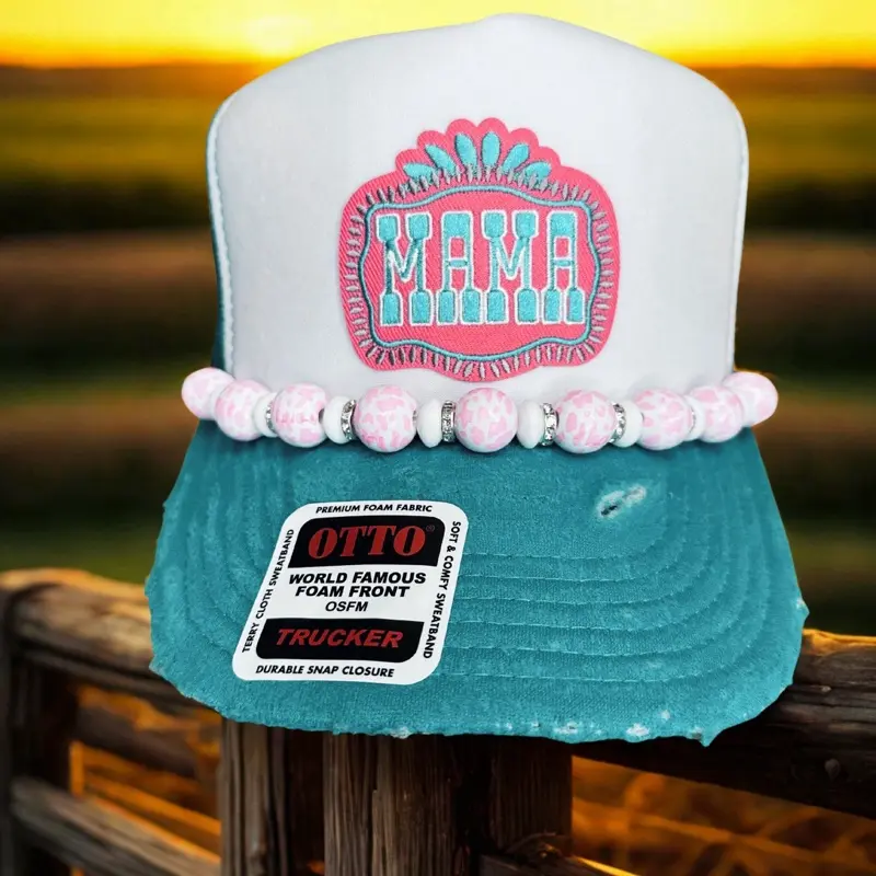 OTTO MAMA Teal & Pink Trucker Hat - Beaded Western Vibes Edition with World Famous Foam Front Design