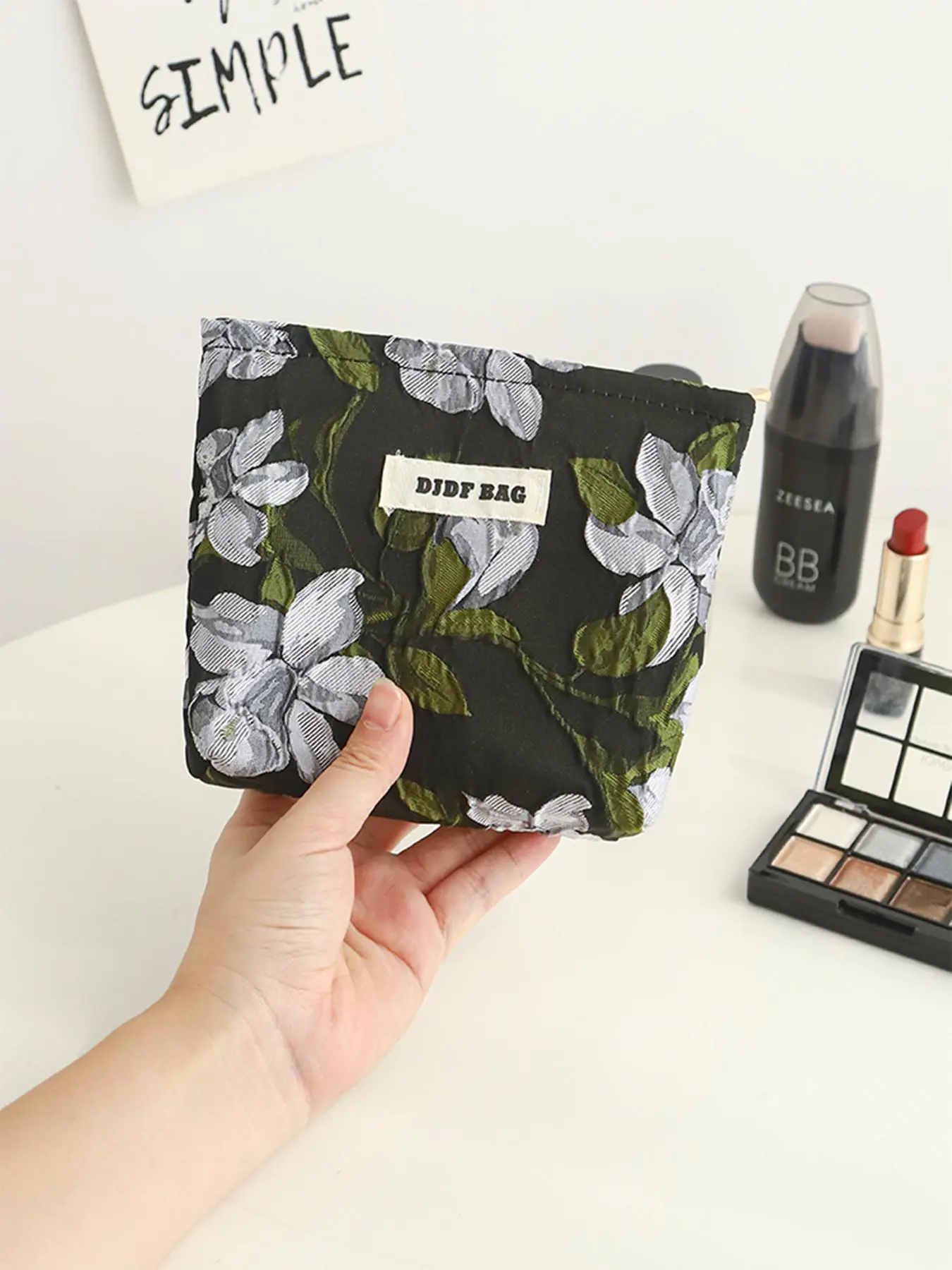 Floral Pattern Makeup Bag, Portable Cosmetic Storage Bag, Cosmetics Bag, Zipper Makeup Organizer Pouch, Handheld Cosmetic Pouch, Versatile Storage Bag for Travel, Dormitory, Office, Home, Vanity Makeup Organizer