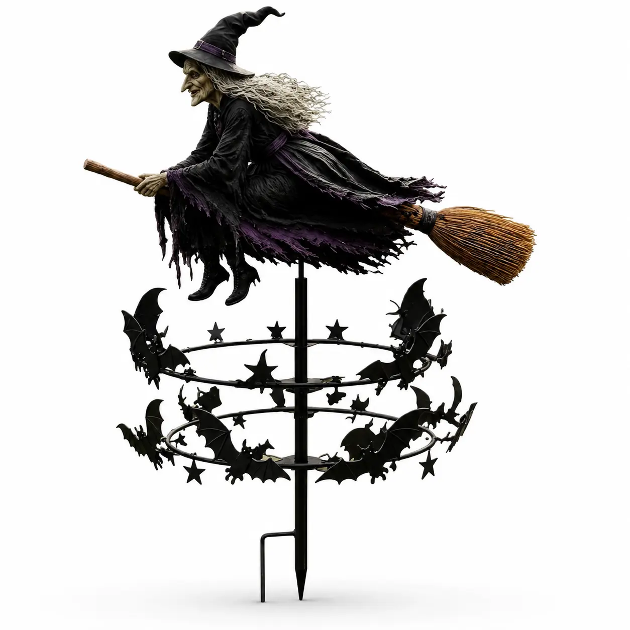 Halloween Outdoor Spinner - Witch Flying on Broom & Wind-Powered Spin Rotating Bat Decor, Easy-Setup Spooky Ground Stake Base Garden Lawn Ornament,  Outdoor Decor Prop for Gardens & Parties