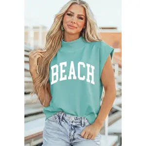 Mint Green High Neck Short Sleeve Beach Graphic Tee