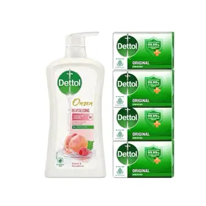 Dettol Body Wash Revitalising Antibacterial Peach & Raspberry Scent 900g Bottle & 4 Original Soap Bars 100g Each Cleanser