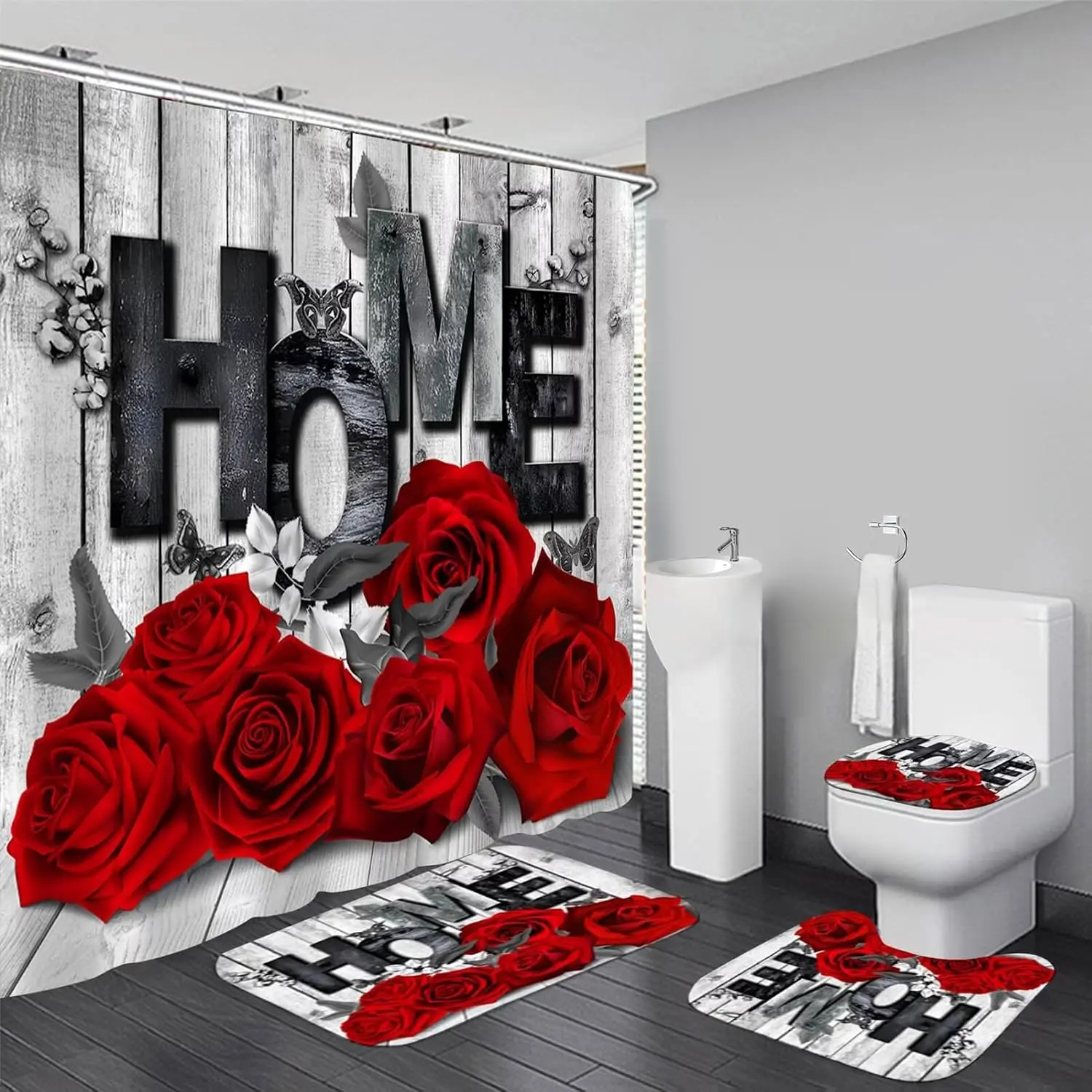 Red Rose Valentines 4 Pcs Shower Curtain Sets Non-Slip Rugs Bath Mat Toilet Cover U Shaped Mat Romantic Red Bathroom Decor with 12/24 Hooks Valentines Day Bathroom Set