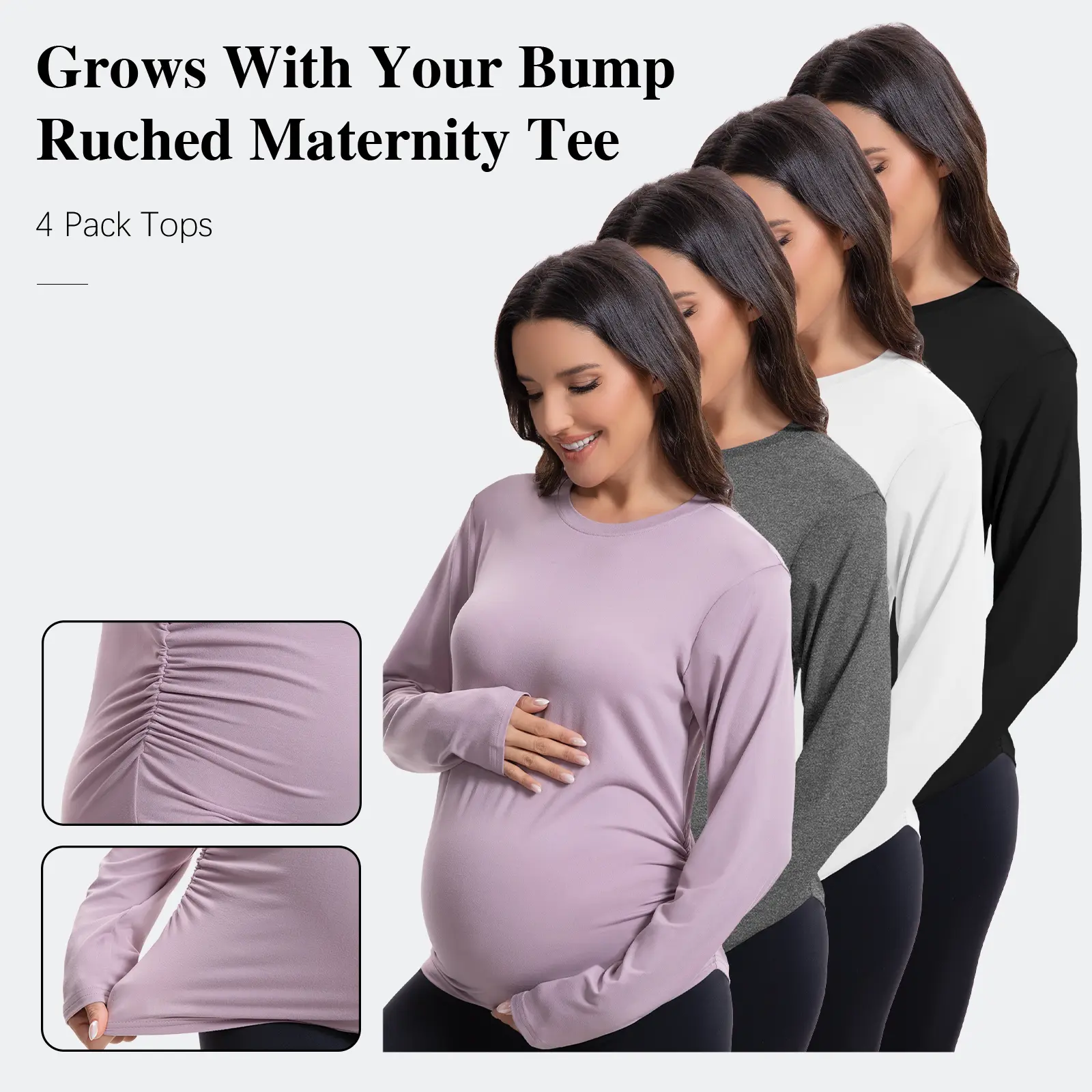 4 Pack Women's Maternity Shirts  Long Sleeve Crew Neck Pregnancy Tops Side Ruched Casual Mama Clothes