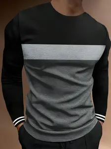 Men's Colorblock Striped Print Round Neck Tee, Casual Long Sleeve Crew Neck T-Shirt for Spring & Fall, Fashion Men's Regular Fit Top for Daily Wear