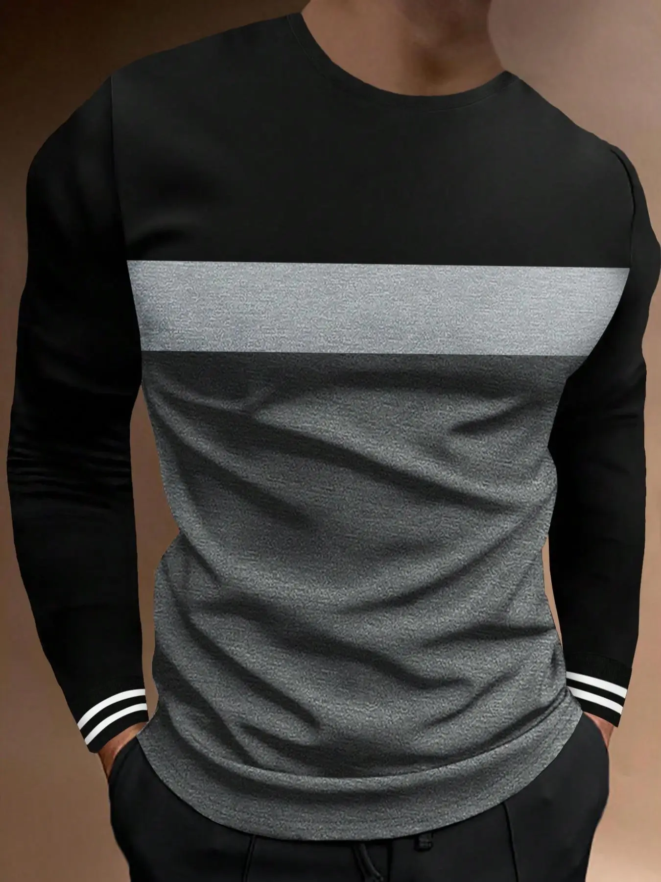 Men's Colorblock Striped Print Round Neck Tee, Casual Long Sleeve Crew Neck T-Shirt for Spring & Fall, Fashion Men's Regular Fit Streetwear Top for Da
