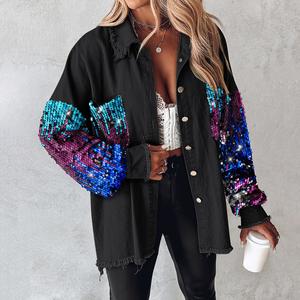 ChicMe Women's Sequin Patchwork Denim Jacket - Oversized Button Front Shacket with Raw Hem, Long Sleeve Casual Coats