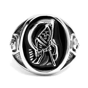 Men's Stainless Steel Casted Grim Reaper Ring with Enamel Sizes 8 to 14
