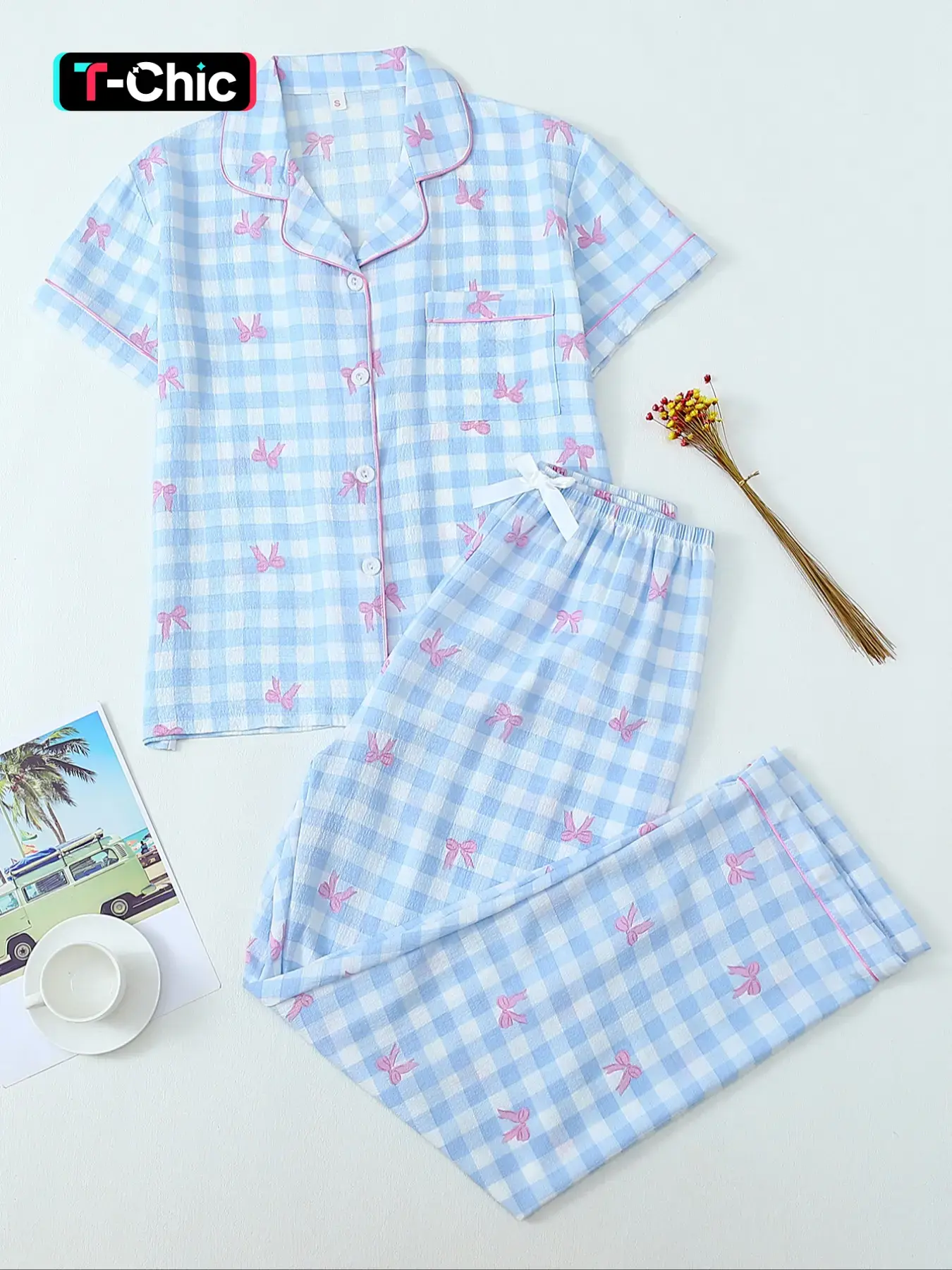 Women's Two-Piece Pajama Set, Contrast Binding Lapel Pocket Heart Embroidery Butterfly Short Sleeve Top & Bow Pants Sleepwear for Home Use
