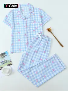 Women's Two-Piece Pajama Set, Contrast Binding Lapel Pocket Heart Embroidery Butterfly Short Sleeve Top & Bow Pants Sleepwear for Home Use