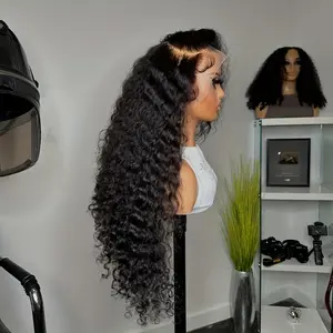 13x4 Black Deep Wave Wig Black Lace Front Wig Deep Curly Wave Wig HD Lace Pre-Trimmed Ready-to-Wear Wig 180 Density Heat Resistant Fiber Women's Long Daily Use 32inch