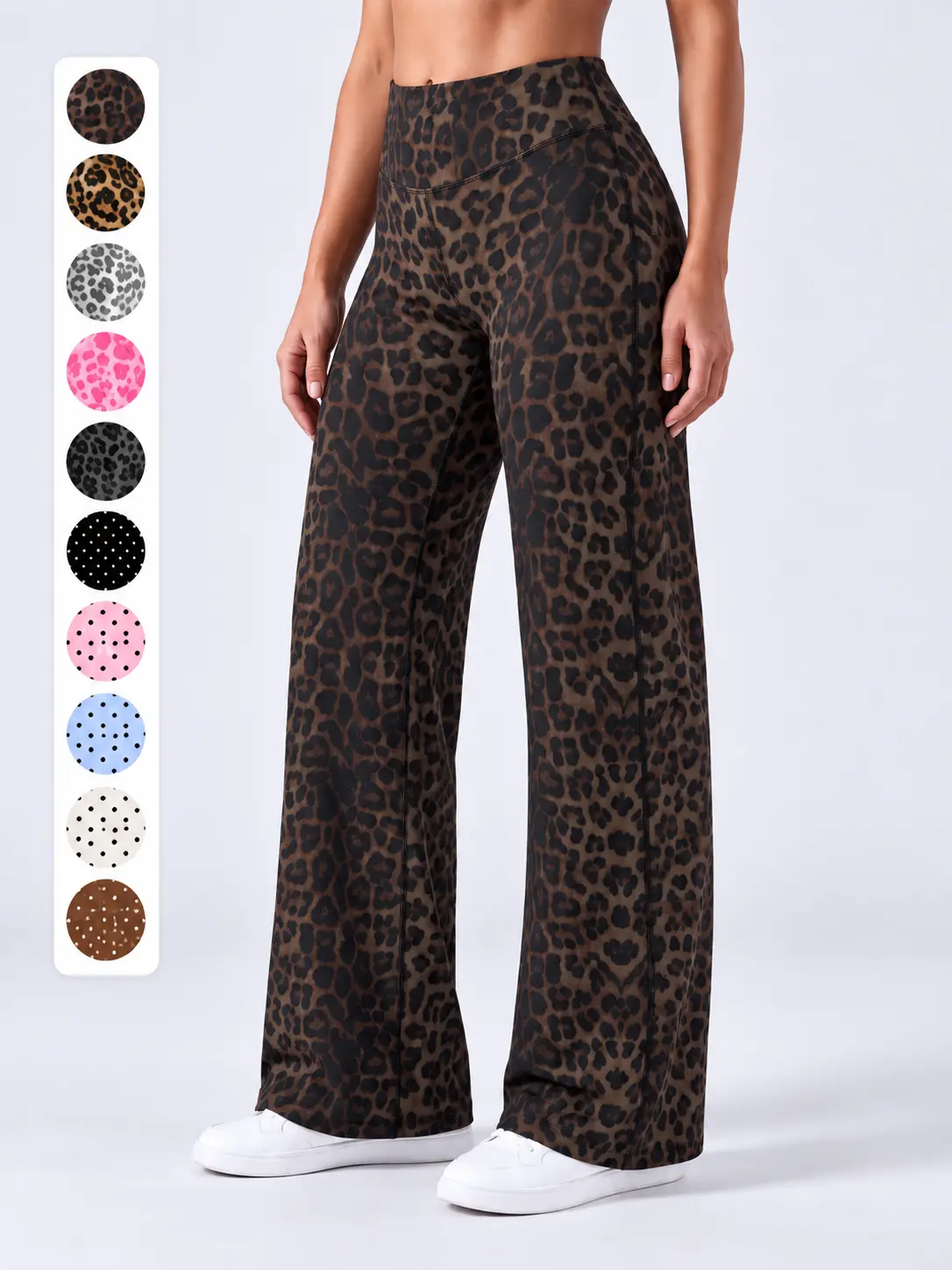 Women’s Light Simple Leopard-Print Wide-Leg Pants - Elastic Waistband, Fluid Drape, Straight Cut, Cropped Length, Outdoor Fit, Multiple Solid & Printed Colors for Casual Wear