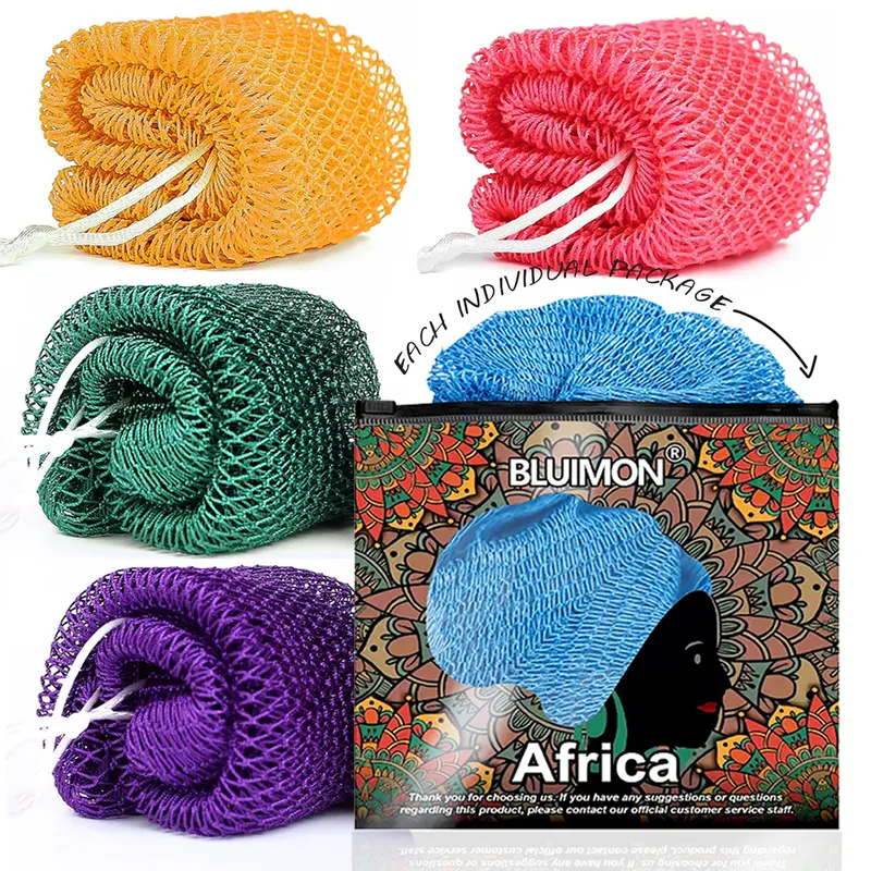 Family 4-Pack African Net Bath Sponge Bundle - Exfoliating Bath Tool, Foldable, Large Size, Full Body Back Scrubber, Tear Resistant, Stretchable, Eco-Friendly, Washing Machine Friendly Bathing Accessory for Women's Daily Use