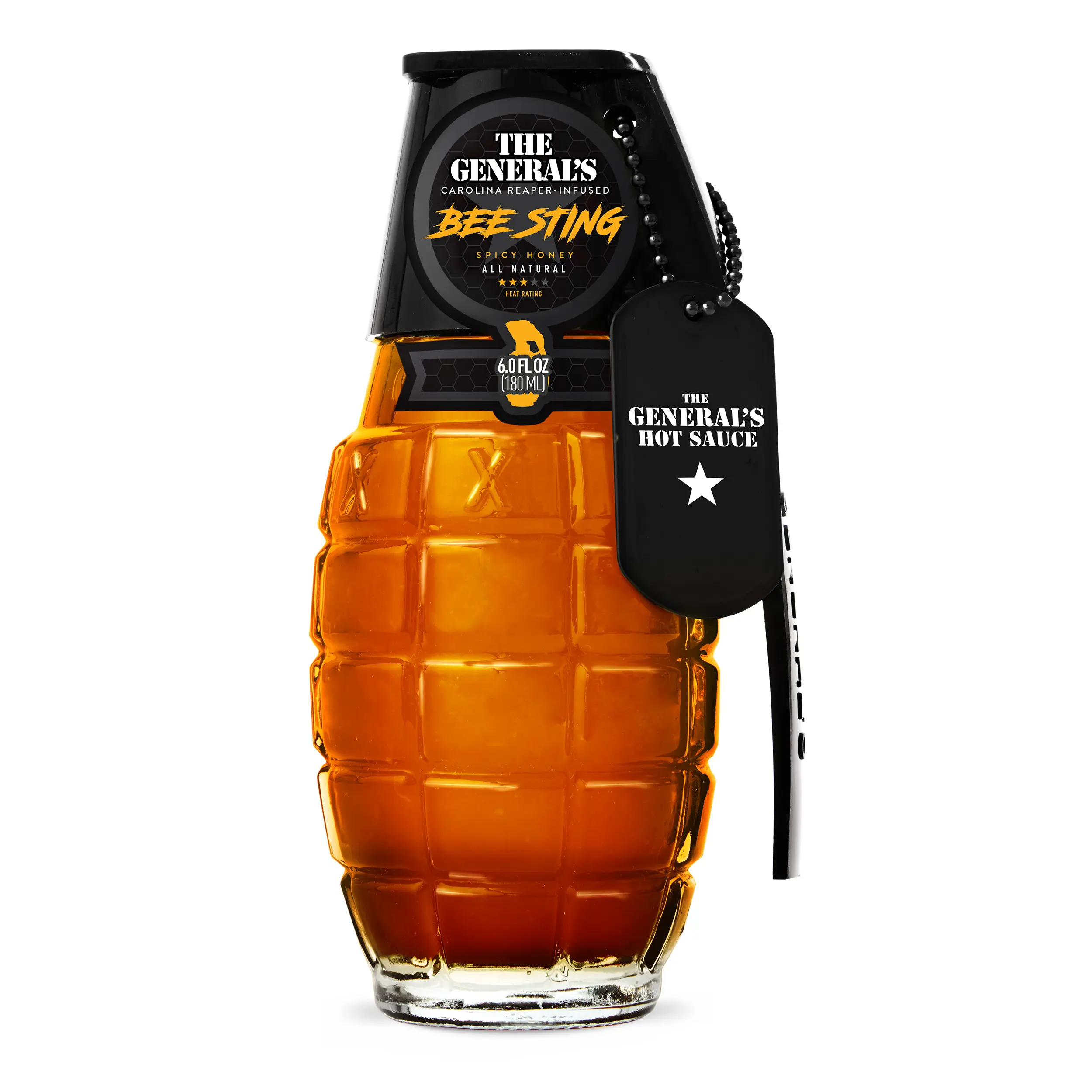 The General's Bee Sting Hot Honey 6oz Carolina Reaper Infused American Honey Gourmet All Natural Veteran Owned Collectible Grenade Bottle