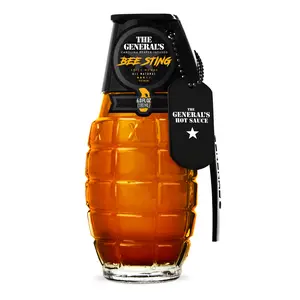 The General's Bee Sting Hot Honey 6oz Carolina Reaper Infused American Honey Gourmet All Natural Veteran Owned Collectible Grenade Bottle