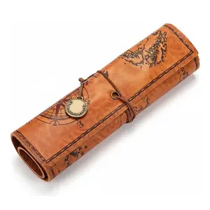 Vintage Map Pattern PU Leather Pencil Case, 1 Count Retro Style Roll Up Pencil Bag, Stationery Storage Bag for Office School Student, Office Supplies
