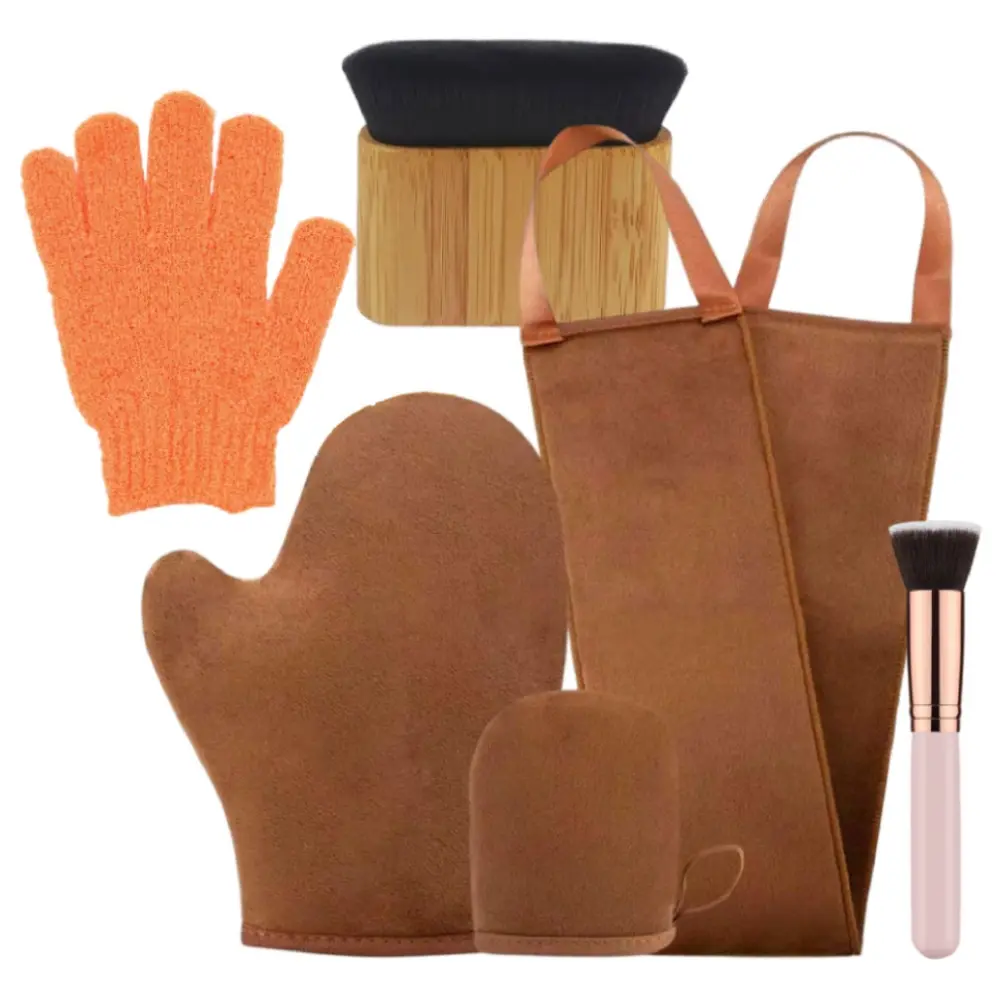 6-Piece Reusable Washable Self Tanning Applicator Set - Personal Grooming Accessories with Mitt, Face Brush, Body Sponge for Sunless Lotion, Mousse Cleaning & Application