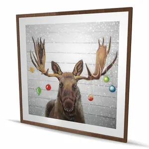 212 MAIN 48x48 in. Rustic Brown Wood-Framed Wall Artwork Print - Colorful Christmas Ornaments & Moose Nature Photo, Home Room Decor, Holiday Gifts