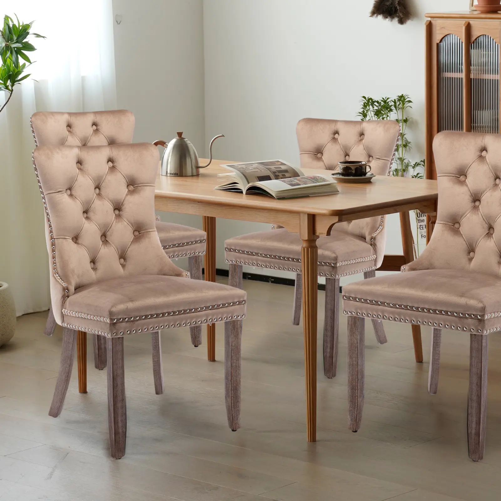 Velvet Dining Chairs Set of 4, Tufted Upholstered Kitchen Chairs with Solid Wood Legs and Nailhead Trim for Modern Kitchen, Dining Room