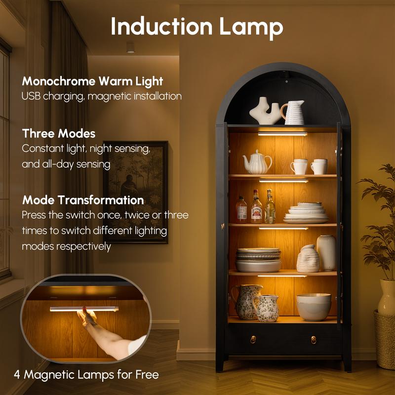 【Jumpstart Sale】71" Tall Arched Kitchen Pantry with Magnetic LED Lights, Modern Farmhouse Wood Kitchens Storage Cabinets with Large Drawers and Glass Door, Versatile Cupboard for Kitchen, Dining Room, Bathroom, Livingroom