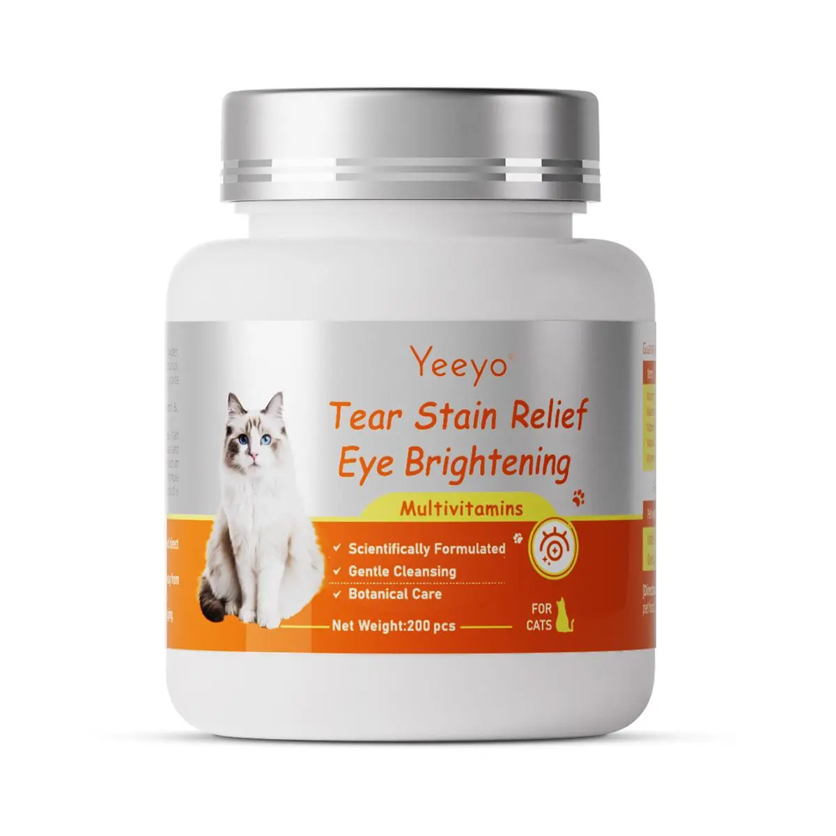 YEEYO Cat Tear Stain Relief Multivitamin Tablets - Natural Botanical Eye Support with B Vitamins, Digestive Remedy, Gentle Elimination, Gut Protection, Hairball Remedy, Porphyrin Balance, 200 Easy-to-Feed Chewables