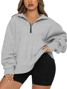Plus Size Half Zip Sweatshirt Long Sleeve Oversized Casual Gray Cotton Fashion Fleece for Teen Girls Y2K Loose Fit Workout