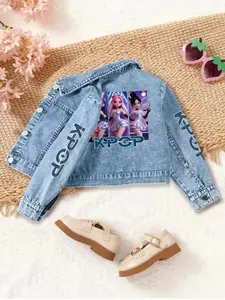 Girls' Cartoon Denim Jacket, Three Character Design, Gradient Hair Color, Kpop Text, Loose Fit, Spring & Fall Casual Outerwear