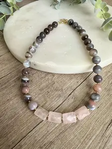 Botswana Agate Necklace with Rose Quartz Squares, 10mm Natural Gemstone Necklace, Grey Pink Statement Necklace, Gold Filled