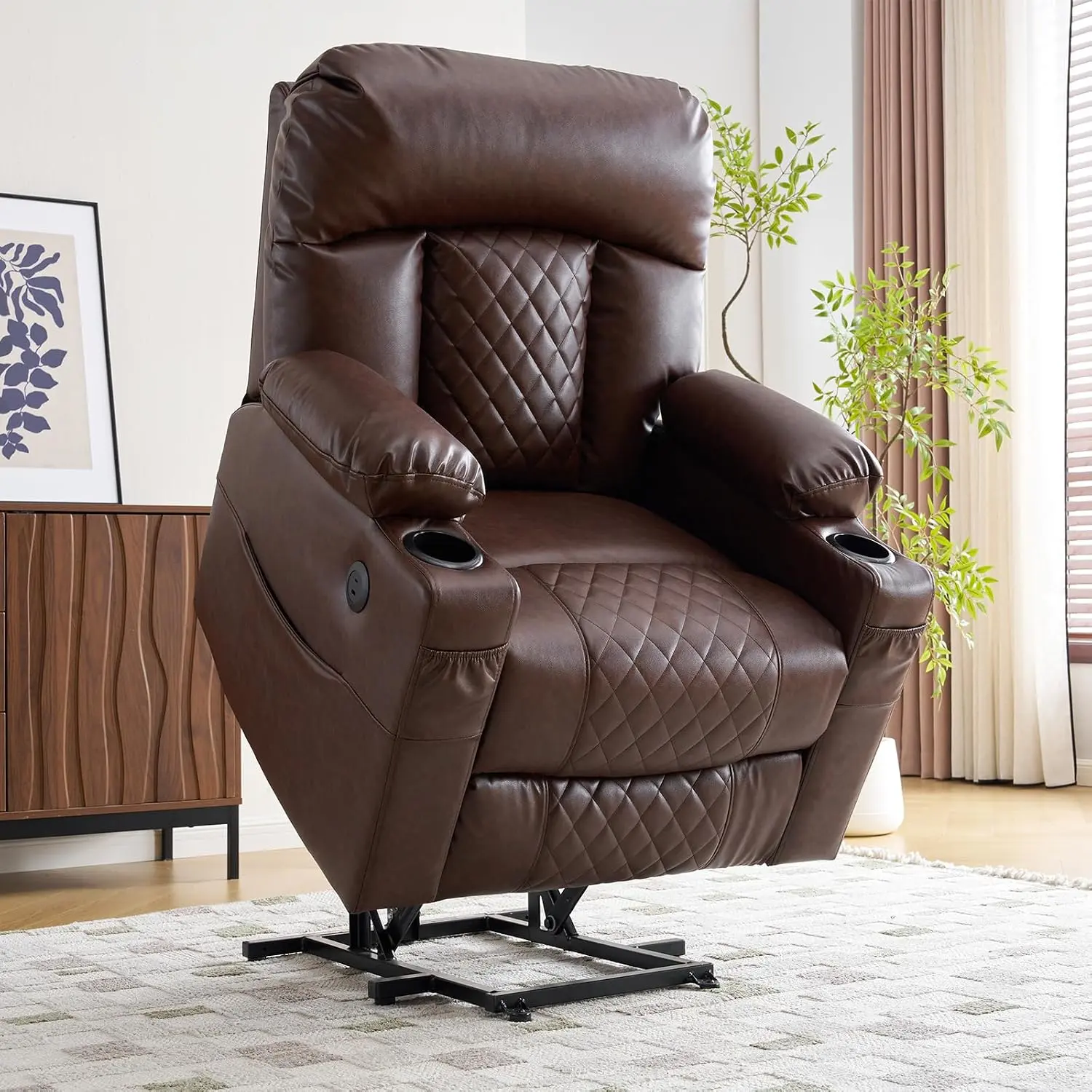 Dual Motor Power Lift Recliner Chair with Massage and Heat for Elderly, Leather Lift Recliners with Extented Footrest, Infinite Position Lift Chair with Cup Holder, USB & Type C Ports,Brown