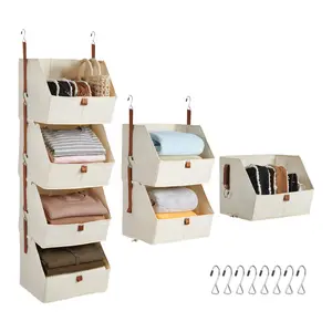 2-Pack Hanging Closet Organizer, 4-Tier Space-Saving Fabric Storage Shelves, Collapsible Non-Woven, Open-Front, Beige, 30.9 x 25.9 x 119.8 cm, for Bedroom/Dorm/RV