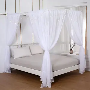 Princess Canopy Bed Curtains with Lights for Full/Queen Size Bed Drapes, 8 Panels Canopies Room Décor, White