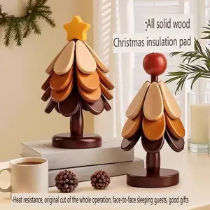 Wooden Tree-Shaped Tripod Insulation Pad Set, Heat Resistant Table Mat, Coasters (contains 1 Stand), Kitchen Accessories, Christmas Decorations, Kitchen Decorative Placemat