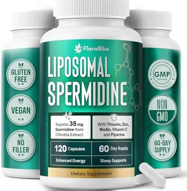 FloraBliss 35mg Spermidine Supplement from Chlorella with Thiamin, Zinc, Biotin, & Vitamin C | 120 Capsules | Gluten-Free for Cellular Renewal, Healthy Aging & Vitality Support | 60-Day Supply