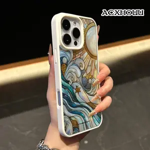 Sun and Waves Stained Glass Pattern Magnetic Phone Case for iPhone 17 16 15 14 Pro Max 13 12 11 XR XS Plus Anti-Yellowing Shockproof Lightweight Transparent Acrylic Soft Cover Supports Wireless Charging