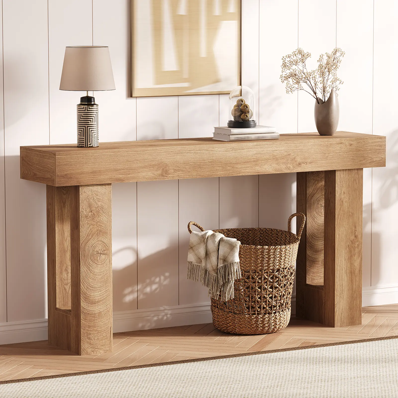 Farmhouse Console Table for Living Room - 63 Inch Long Wooden Sofa Table - Rustic Modern Entryway Furniture - Easy Assembly - Ideal Behind Couch or Hallway Table - Wood Color