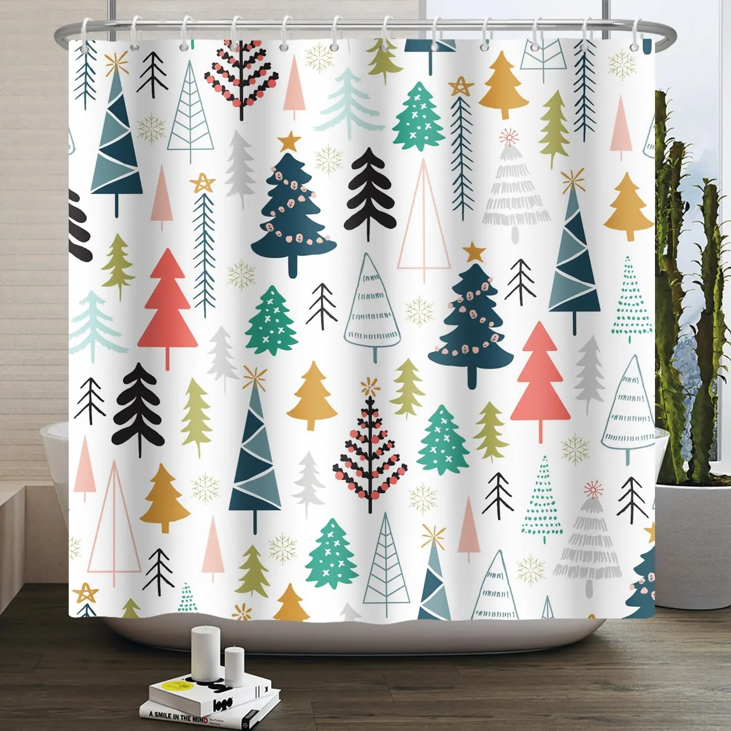 Christmas Tree Shower Curtain for Bathroom Colorful Cartoon Cute Xmas Pine Trees Shower Curtains Winter Forest Waterproof Fabric Bathtub Decor Curtains Set with Hooks 72x72 inch
