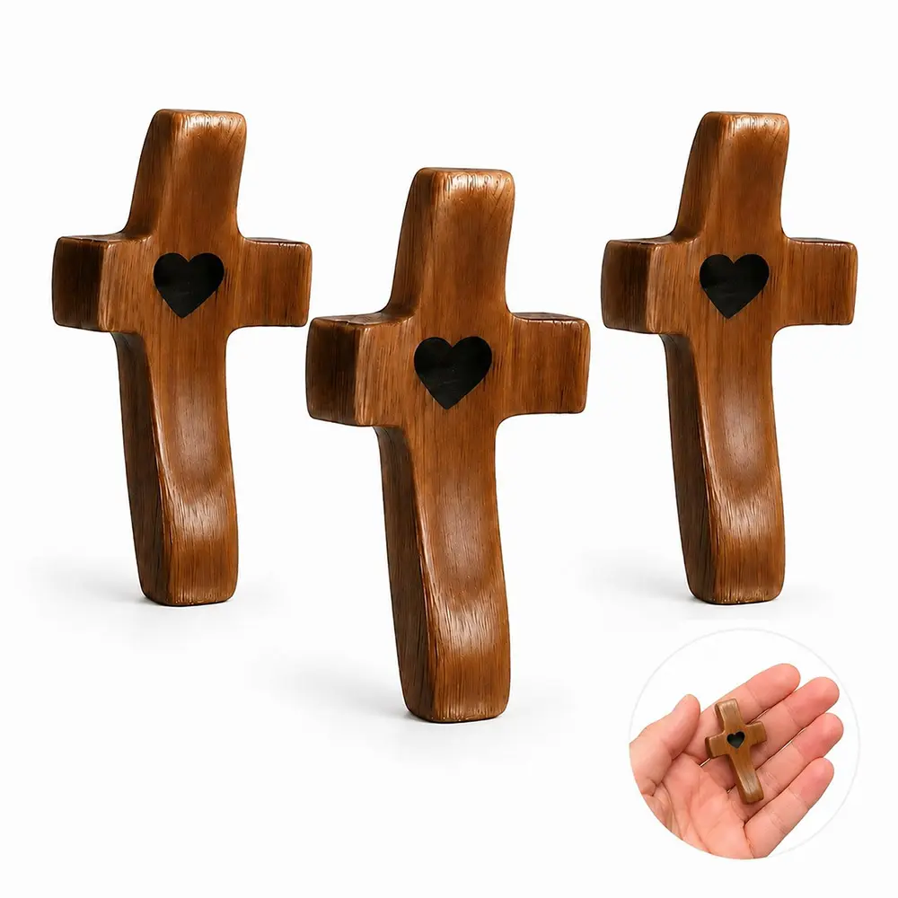 Handheld Wooden Prayer Cross - Christian Religious Gift - Small Pocket Palm Comfort Cross With Heart Cutout Center For Daily Worship Meditation And Spiritual Encouragement