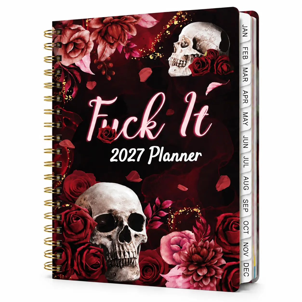 2027 Gothic A5 Skull Pattern Hardcover Planner - Office Stationery Supplies, Christmas Gift Option, Durable, Organized Storage, Protective, Weekly/Monthly Organizer with Character Stickers, Labels, Back Pocket for Students, Office Use