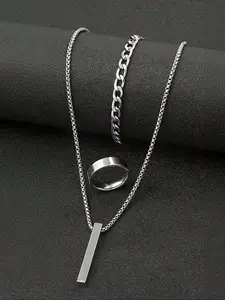 Men's Fashionable Jewelry Set, Silver Color Column Necklace Bracelet Ring, Casual Daily Wear Accessories, 3-Piece Gift Box Included