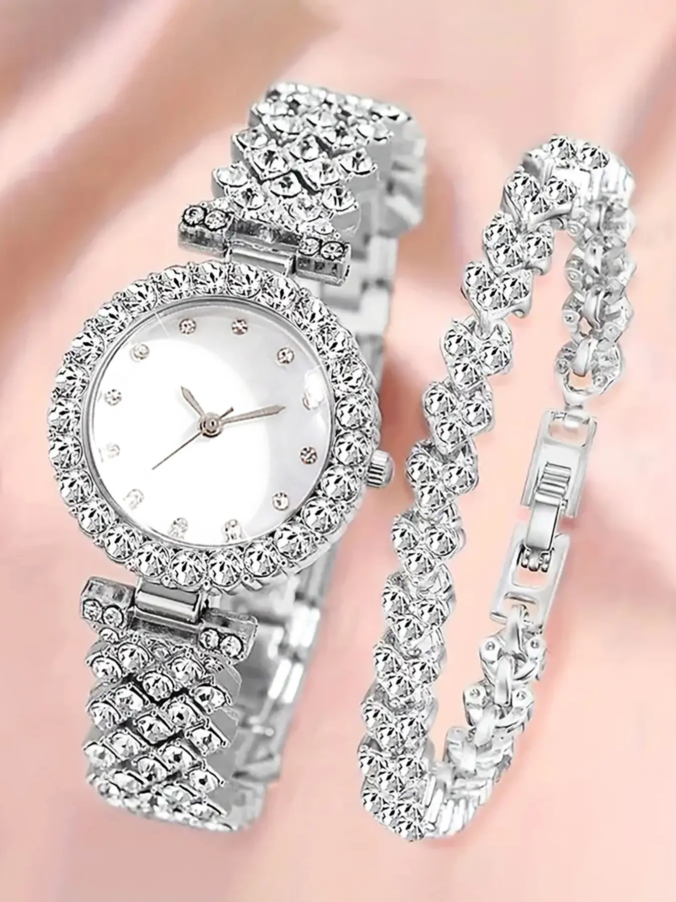 Women's Elegant Round Diamond Dial Quartz Movement Watch Set with Heart Shaped Bracelet, Fashionable Durable Party Watch for Daily Wear