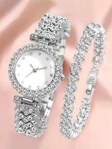 Women's Elegant Round Diamond Dial Quartz Movement Watch Set with Heart Bracelet, Fashionable Durable Party Watch for Daily Wear