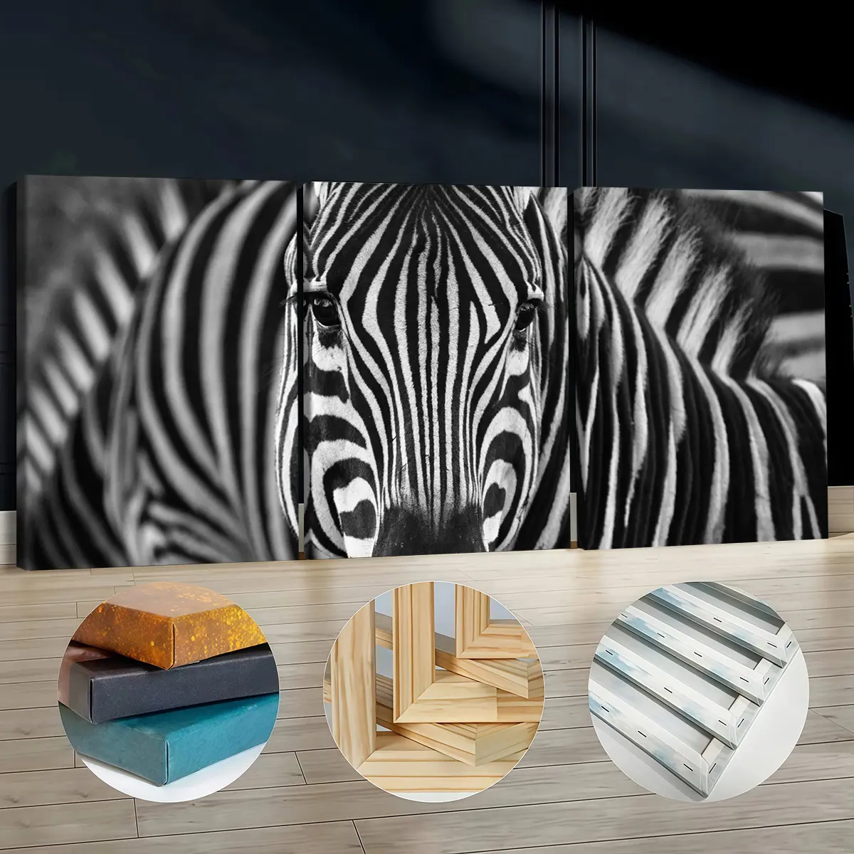 3Pcs Animal Design Wooden-Framed Canvas Prints, Monochrome Zebra Stripes Close-Up Artwork, Odorless Wall Decor for Living Room, Bedroom