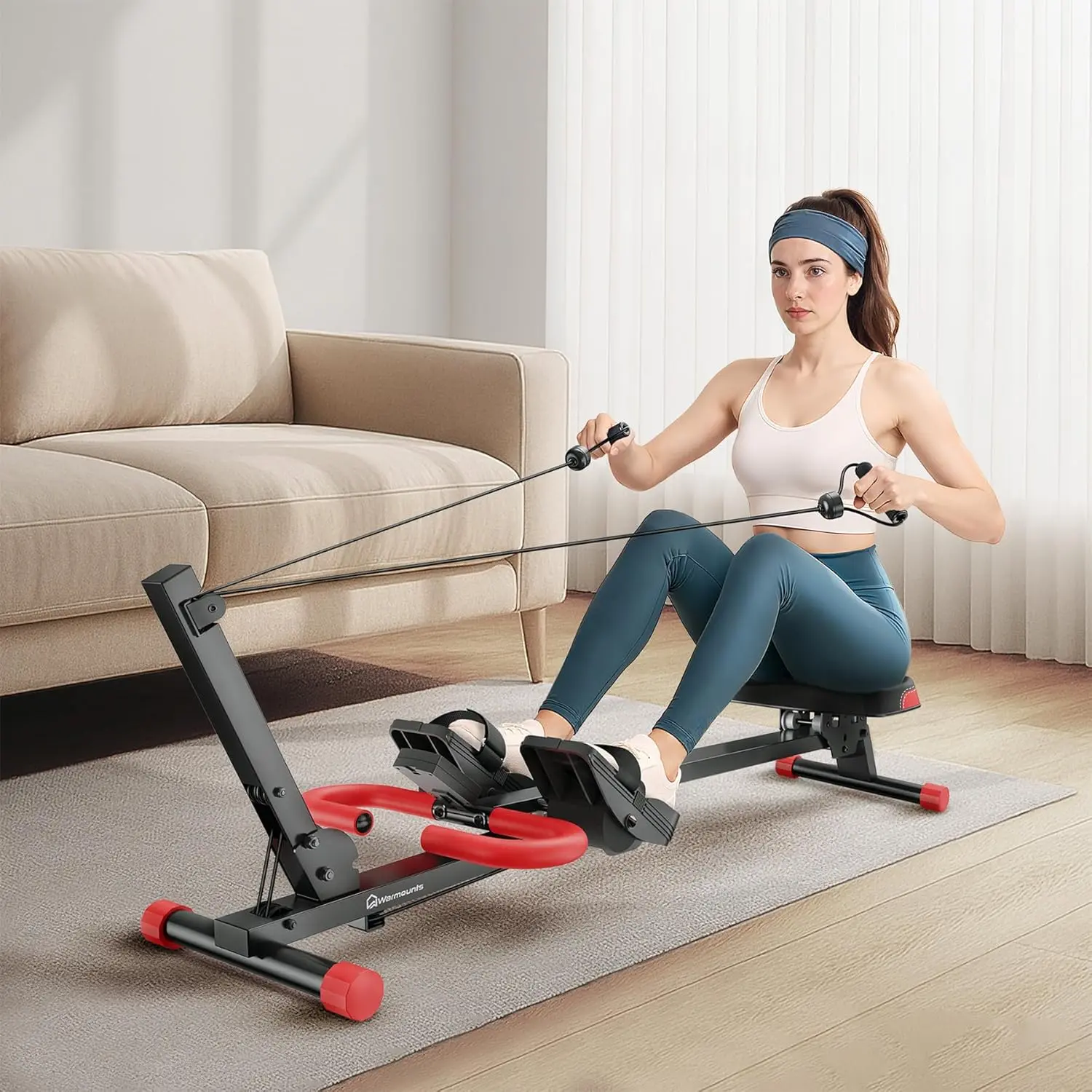 WARMOUNTS Rowing Machine, 4 in 1 Adjustable Ab Machine with 4 Levels and 4 Heights, Foldable Rowing Machine for Home Gym with LCD Display, 266lbs Weight Capacity