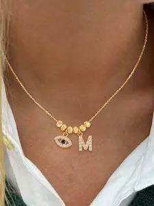 Women's Classic Stainless Steel Chain Necklace, Initials Necklace, Elegant Zirconia Letter Eye Pendant Design, All-Season Jewelry Accessory