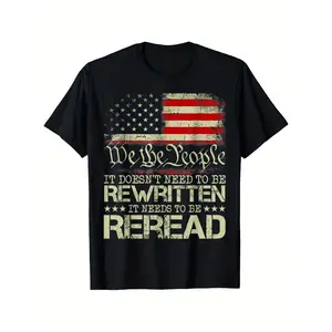 Men's Patriotic Cotton T-Shirt - 100% 220gsm Cotton, Vintage Distressed American Flag & Constitutional Quote Print, Comfort Fit Elastic Neck, S-XXXL Sizes, Retro Metalcore Graphic for 4th of July & Everyday Casual Round Neck Menswear Tshirt
